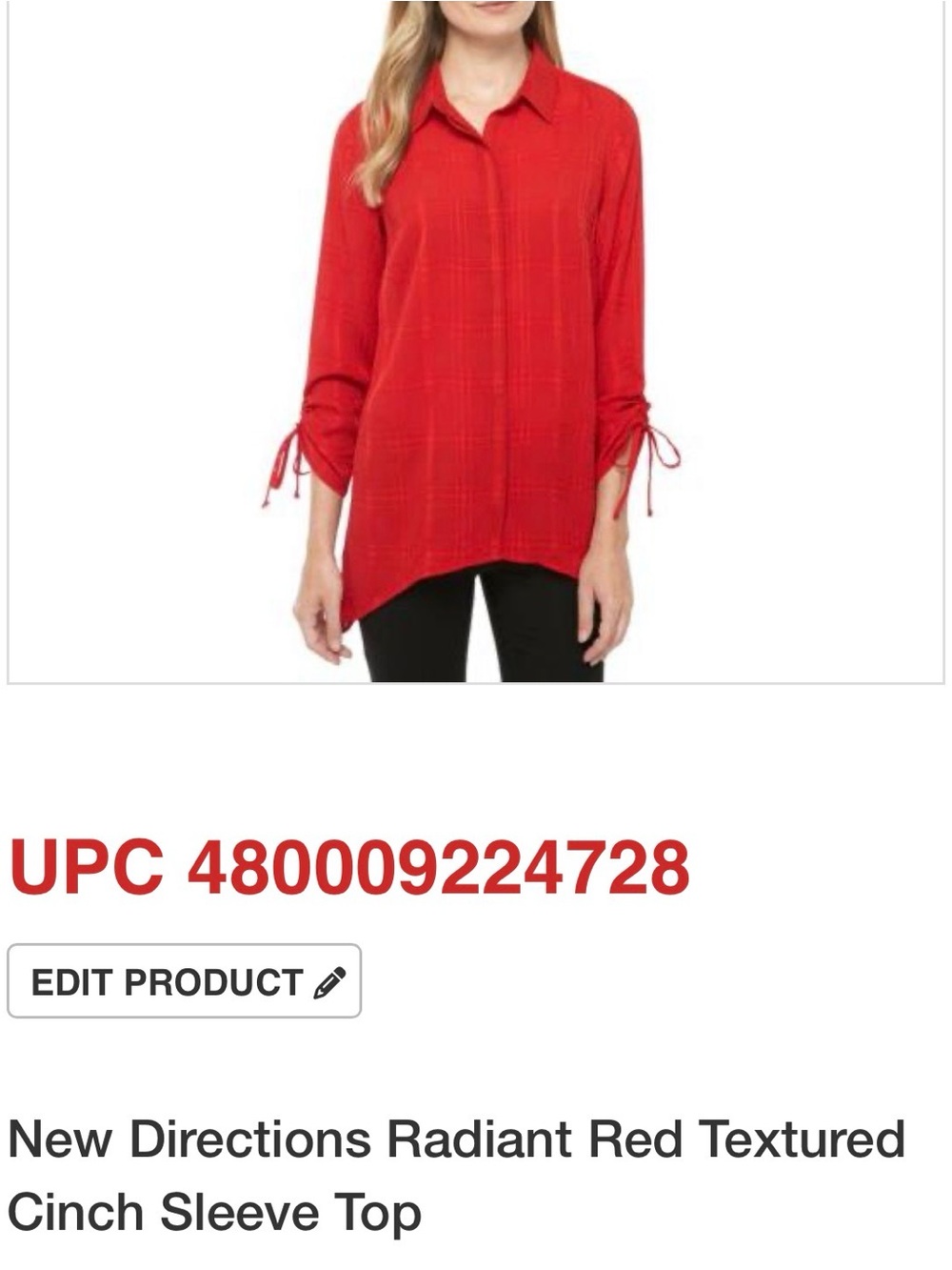 New Directions Radiant Red Textured Cinch Sleeve Blouse Three Quarter Sleeves
